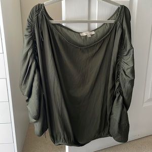 Loft Olive Satin Off the Shoulder Blouse with Rouched Tie Sleeves- size XS